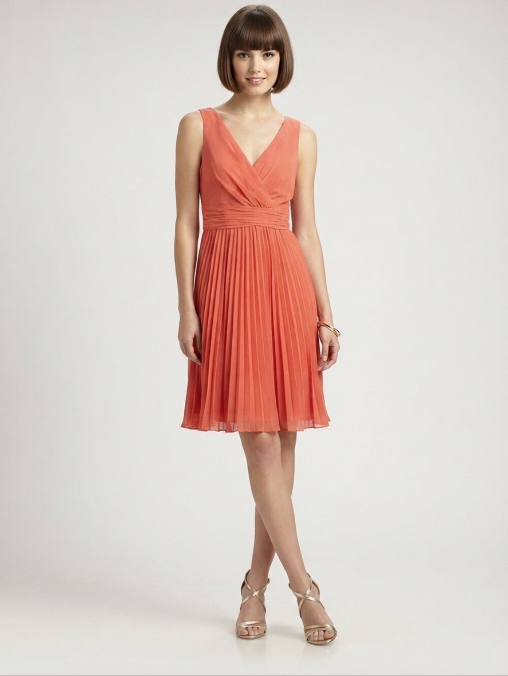 NEW Sleeveless Orange Coral V-Neck Pleated Dress